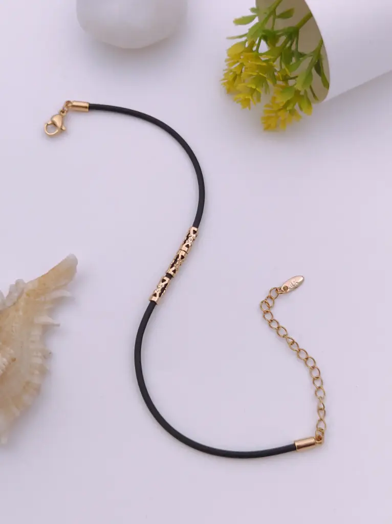 Black Leather Bracelet with Gold-Tone