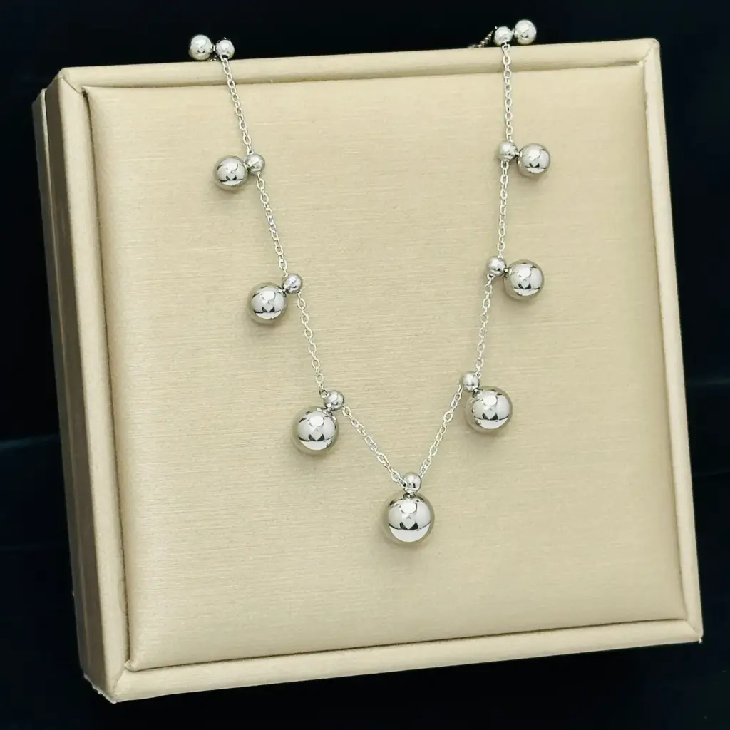 Silver-Plated Anti-Tarnish Bubble Bead Necklace – Elegant Dangle Charm Chain