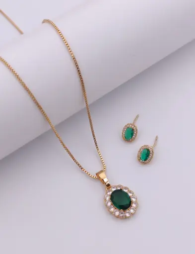 [k_P05] Anti-Tarnish Emerald Radiance Necklace & Earring Set