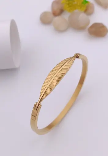 Gold Stainless Steel Feather Bangle Bracelet