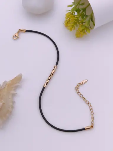 Black Leather Bracelet with Gold-Tone